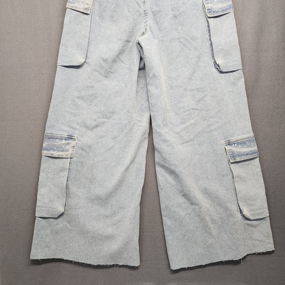 Madden NYC Jeans Women M Blue Wide Leg Cargo Raw Hem Utility Rhinestones Skater - Picture 11 of 15